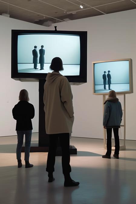 00829-3275720521-_lora_Video installation_1_Video installation - shot of a TV monitor installation in an art gallery, three people stand around w.png